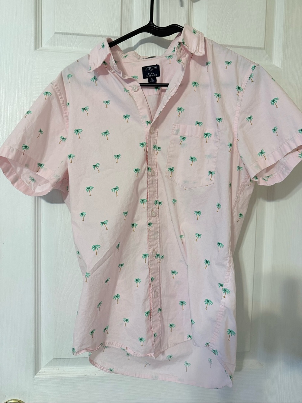 J. Crew Light Pink Short-Sleeve Button-Down with Green Palm Print